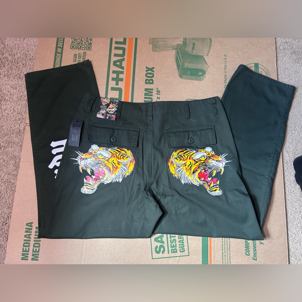 Ed Hardy Men’s Screaming Tiger Straight Utility Pants Y2K Olive Size 36 NWT
